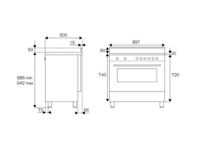 Fourneau à gaz 90 cm 6 Brûleurs Four électrique